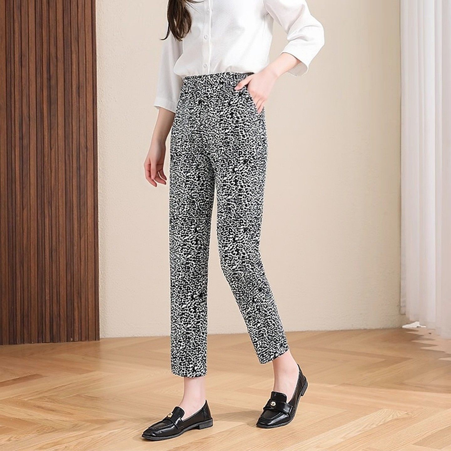 欧美大码花裤子性感豹纹八分裤西装小脚裤女装小个子春秋棉质弹力