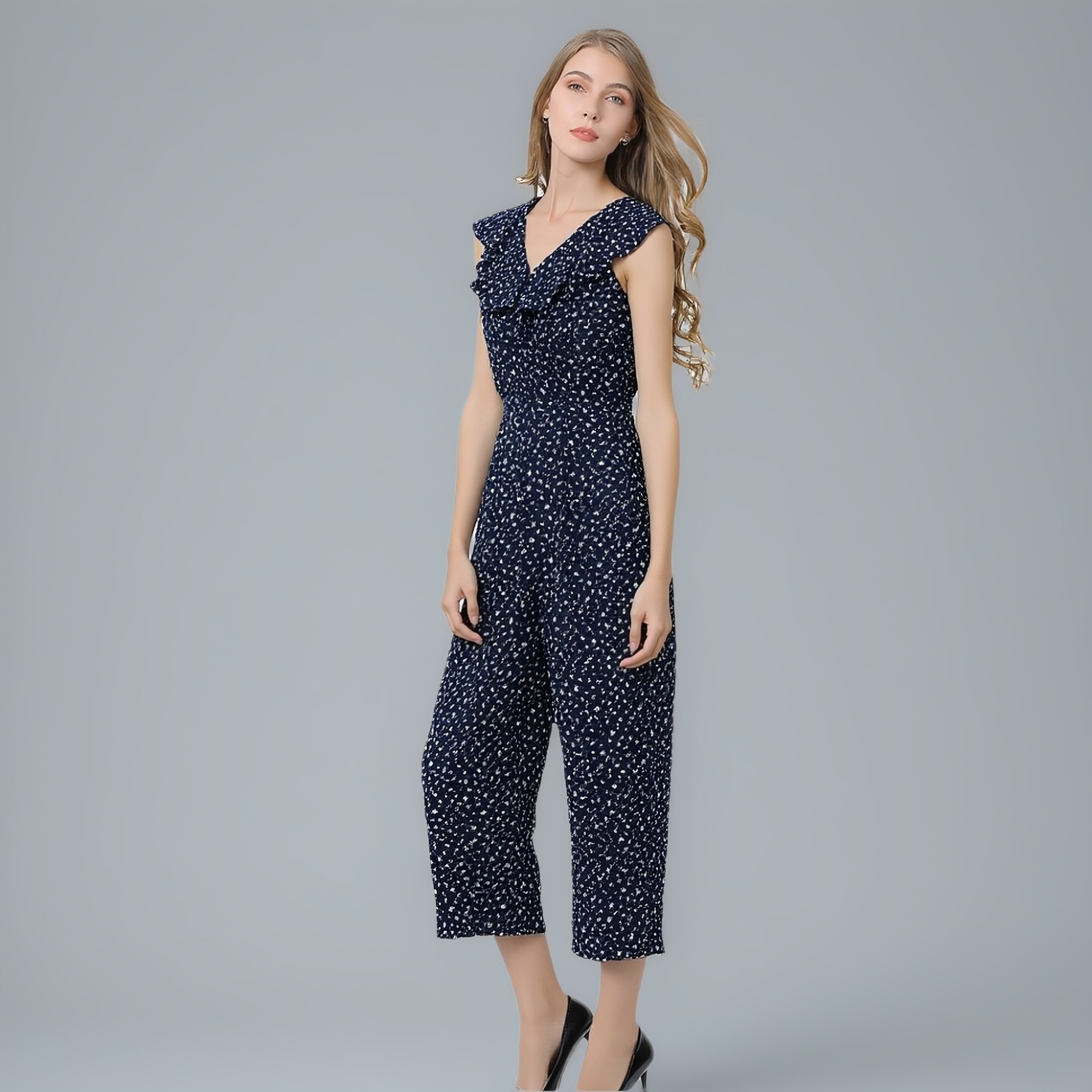 高端雪纺无袖连身裤别致连体裤女装夏季薄款碎花连衣裤大码高级感