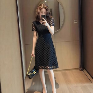 优雅气质黑色镂空波点连衣裙女收腰中长款设计感裙子高级感小黑裙