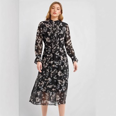 雪纺立领长袖抽褶a字松紧收腰裙