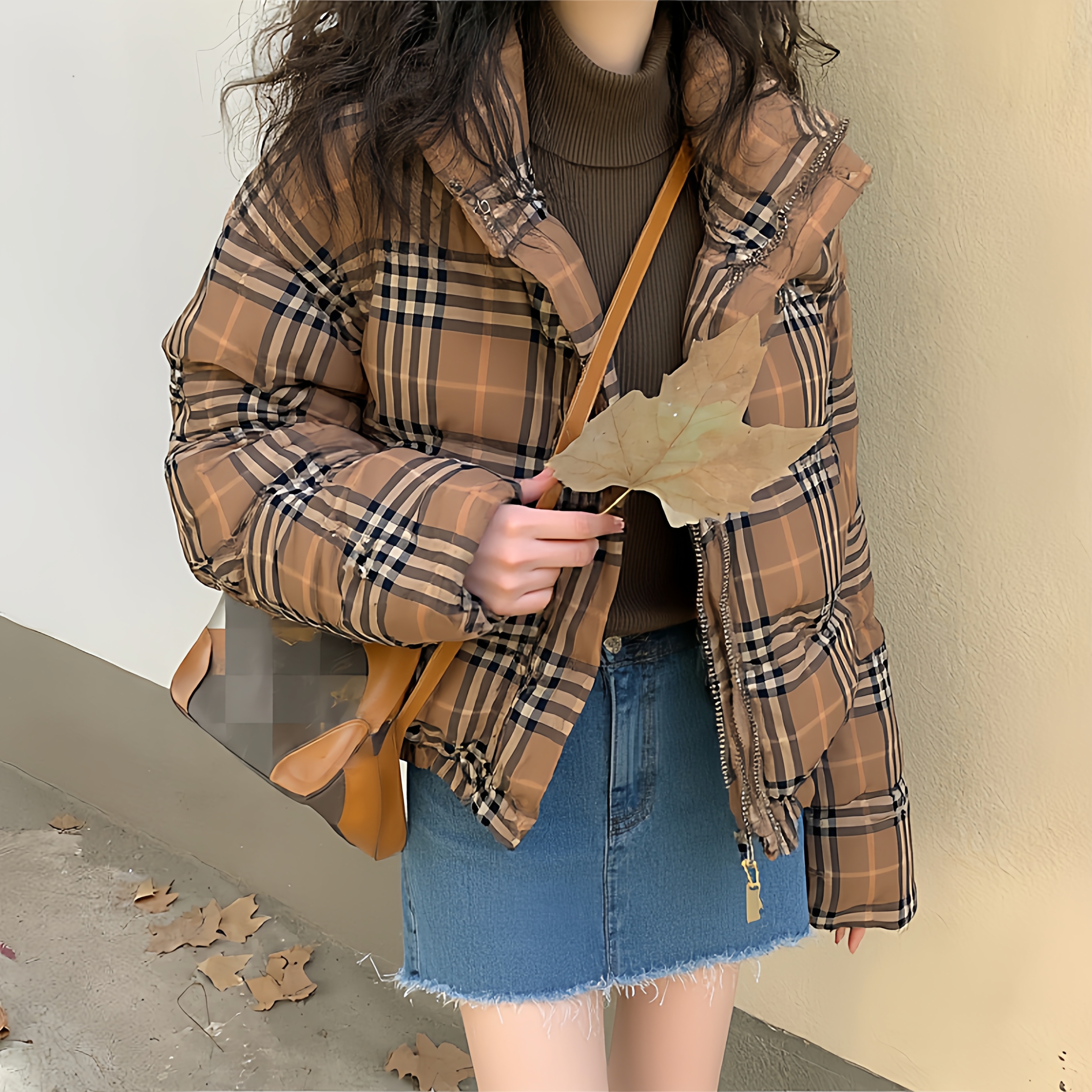 格子短款50白鸭绒羽绒服女秋冬