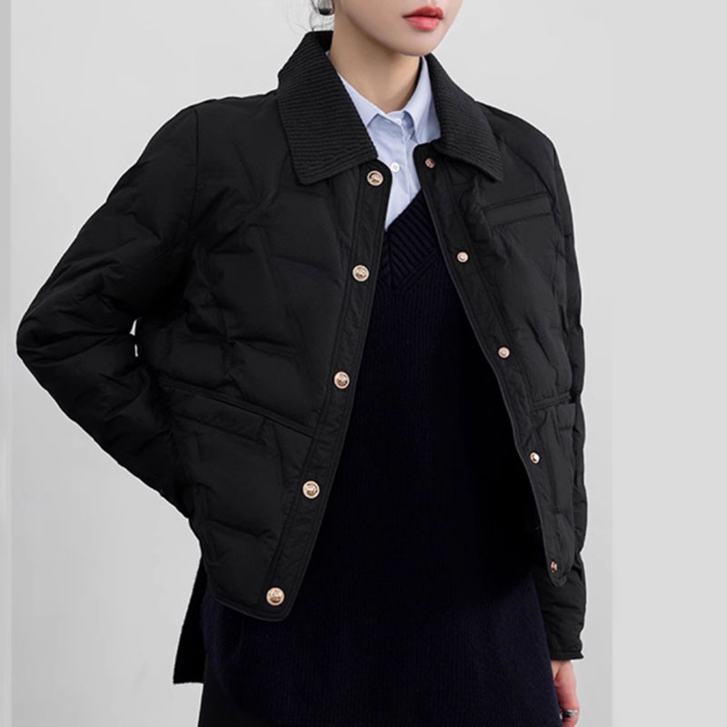 小香风针织领白鸭绒女轻薄羽绒服