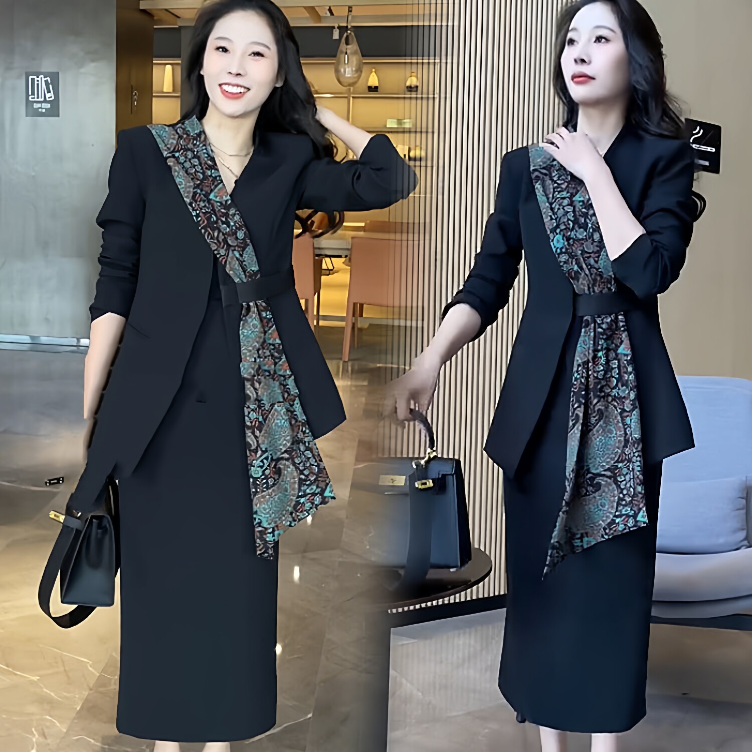 时尚丝巾交叉绑带套装西装半身裙显瘦显高两件套春季新款大码女装