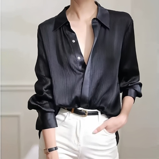 春秋夏女装 缎面衬衣大码 上衣 胖mm法式 肌理感仿醋酸高级感褶皱衬衫