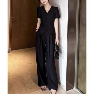 高级感时尚小香风大码女装短袖西装套装夏季新款阔腿裤职业两件套