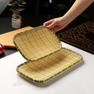 仿瓷竹编果盘塑料菜盘子密胺火锅菜盘烧烤盘塑料点心盘创意小吃盘