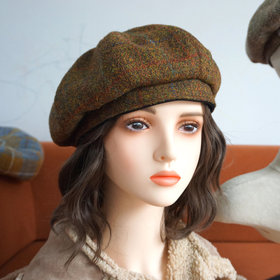 加大英伦格纹羊毛八角贝雷帽