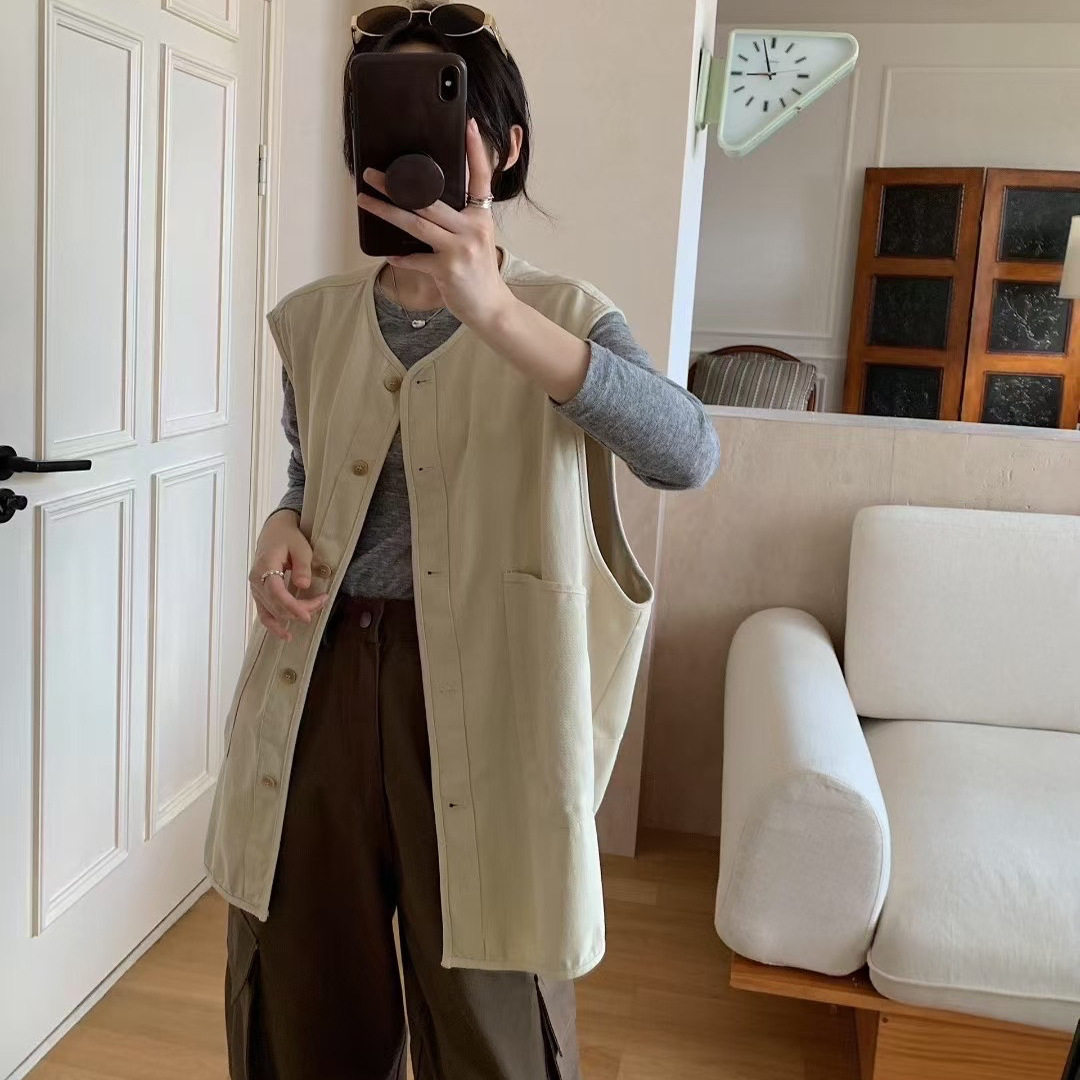 2025秋季新款韩版宽松简约圆领单排扣中长款工装马甲文艺无袖上衣,女装/女士精品,马夹,淘宝优惠券,粉丝福利购,淘宝优惠卷