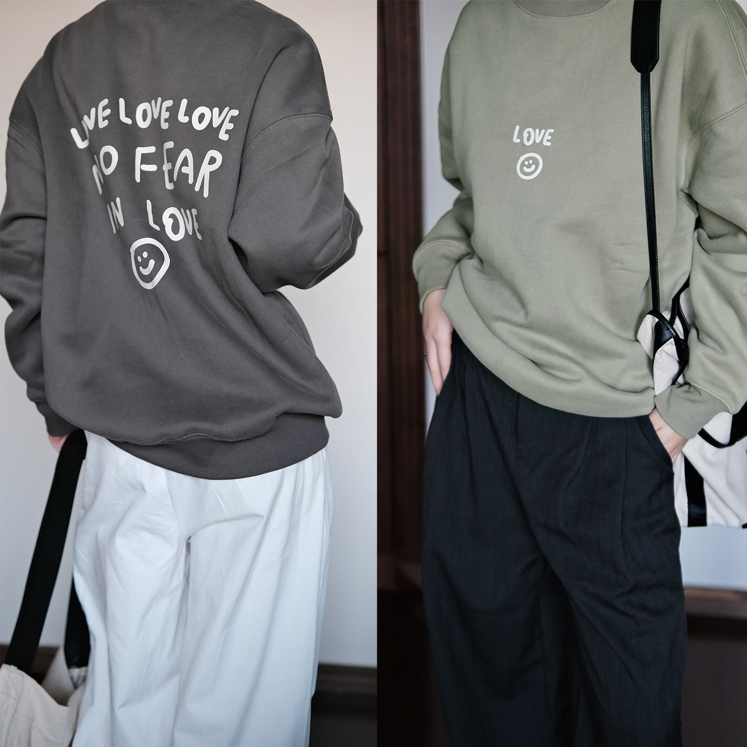 光盐生活馆 原创设计秋冬卫衣圆领加绒厚款宽松卫衣 love笑脸