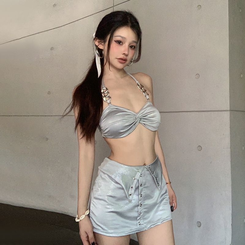 韩国新款比基尼三件套重工金属链条挂脖绑带辣妹裙式分体泳衣女