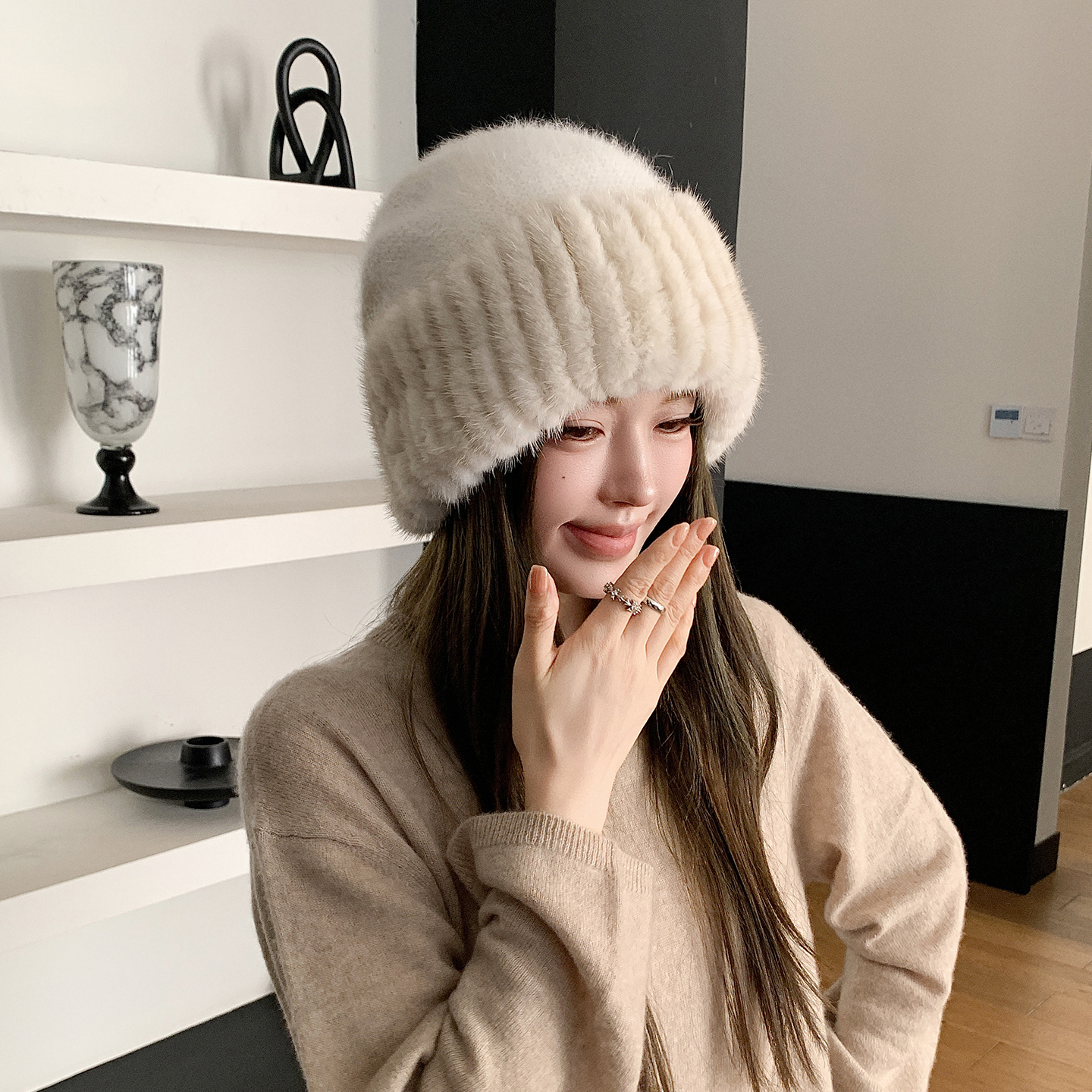 网红款水貂毛帽檐兔毛混纺针织帽保暖防风防寒显脸小旅行冬季女帽