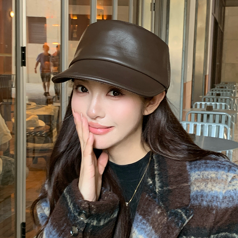 秋冬真皮羊皮骑士鸭舌帽女画家帽