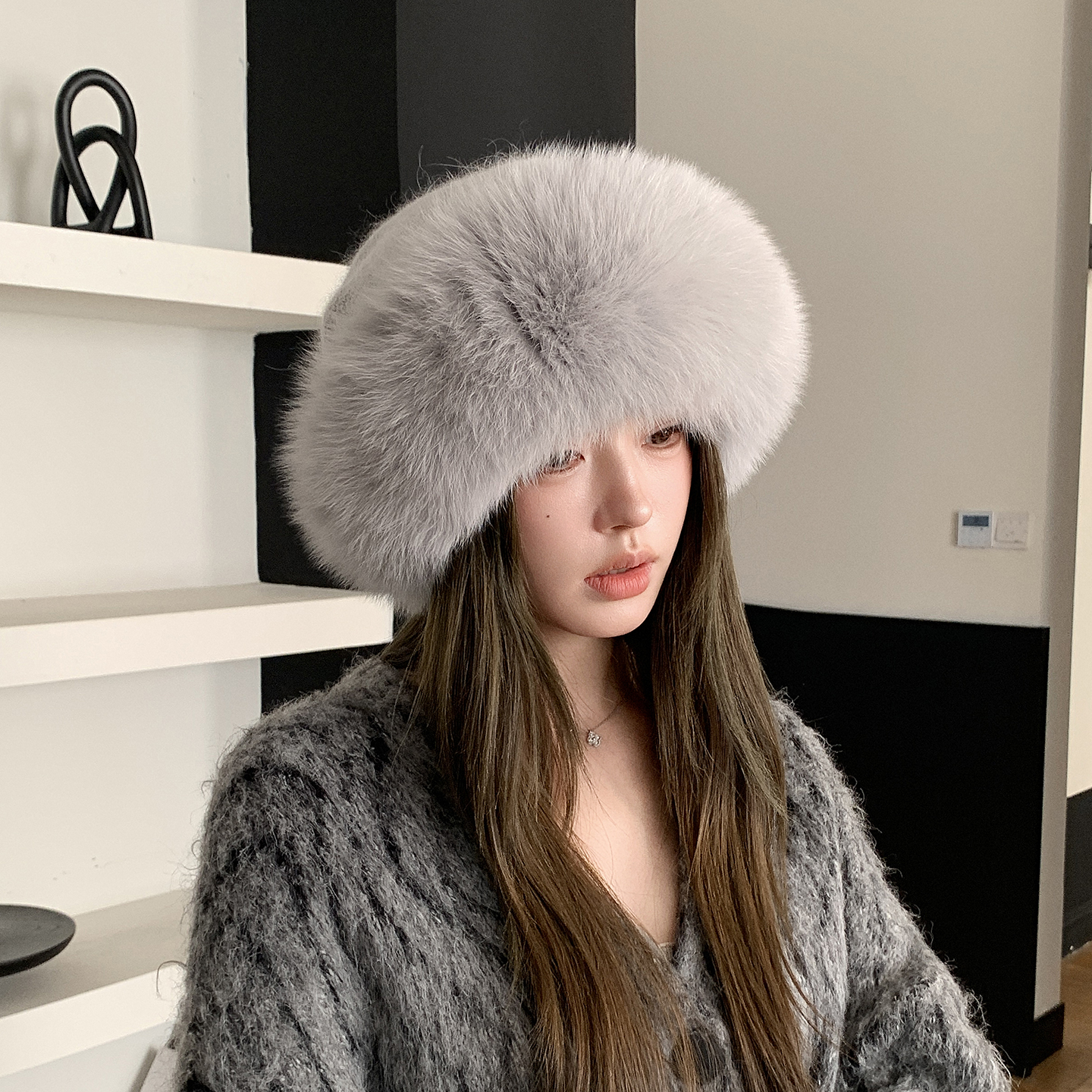 网红款狐狸毛帽檐兔毛混纺保暖女帽防风抗寒时尚显脸小渔夫帽冬季