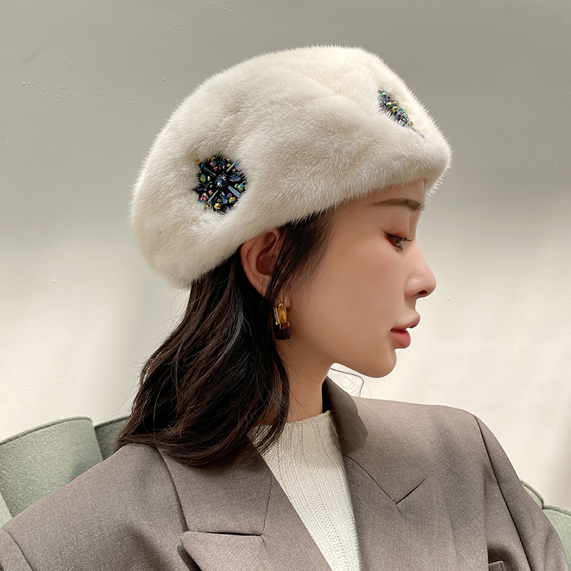 韩国水貂毛帽子皮草帽子女秋冬保暖整皮水貂贝雷帽皮草女帽画家帽