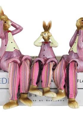 树脂可爱风吊脚娃娃兔子一家摆件