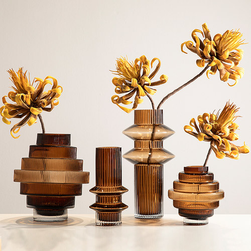 几何宝塔齿轮花瓶玻璃条纹水培摆件覆古客厅茶几插花器桌面样板间