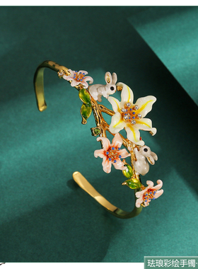 珐琅彩釉水仙花小兔子开口手镯