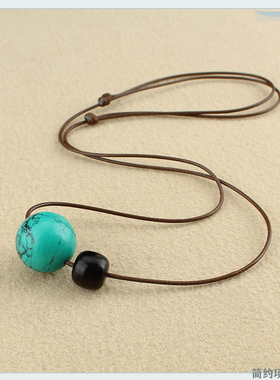 民族风小清新优化绿松石圆珠项链简约绿色珠子毛衣链棉麻配饰新款