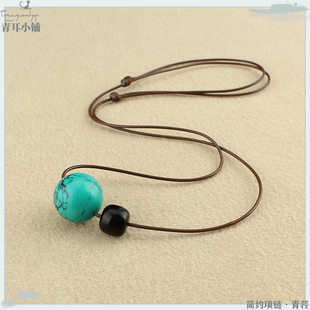 民族风小清新优化绿松石圆珠项链简约绿色珠子毛衣链棉麻配饰新款