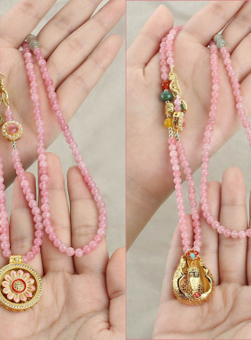 粉色石珠吉祥如意桃花坠毛衣链