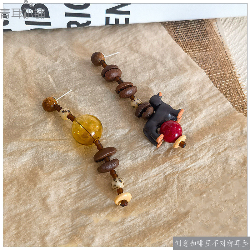 小众设计天然咖啡豆不对称长耳环