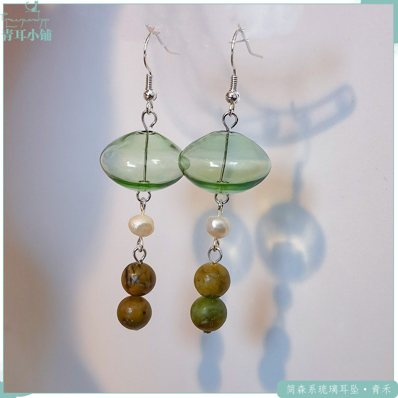 绿色琉璃天然石淡水珍珠流苏耳坠