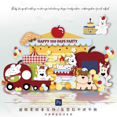 Tagi风可爱小狗蛋糕苹果车宝宝宴百天周岁生日宴拍照背景设计素材