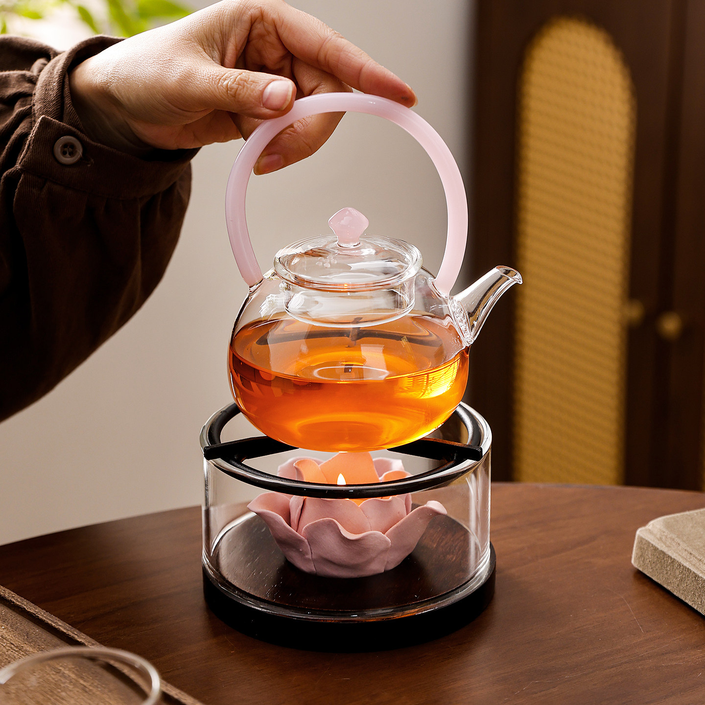 新款莲韵温茶炉碳炉玻璃壶户外便携煮茶炉莲花蜡烛加热底座套装