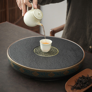 乌金石茶盘石头大号圆形干泡茶盘家用储水茶海茶台简约现代茶托盘