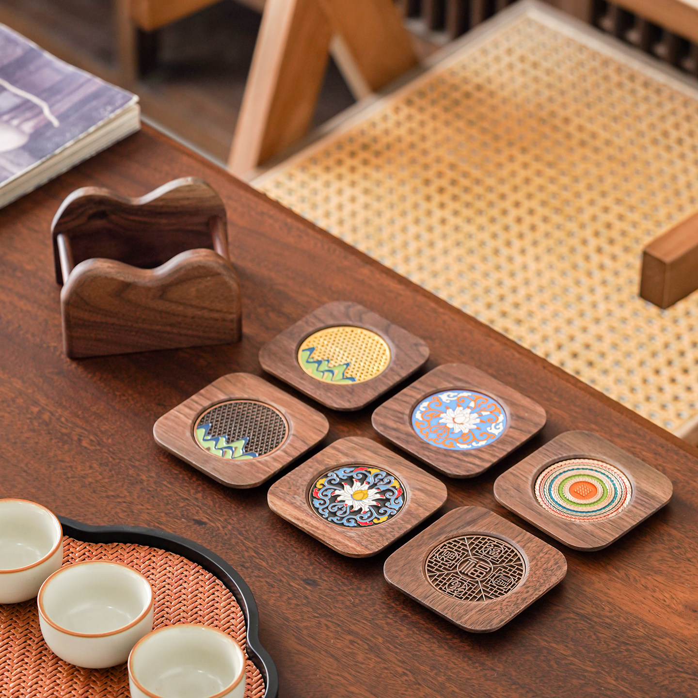 中式胡桃木四方茶杯垫珐琅彩实木隔热垫杯托防烫高档功夫茶具配件,餐饮具,杯垫,淘宝优惠券,粉丝福利购,淘宝优惠卷