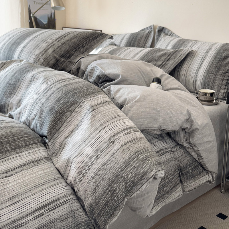 北欧简约风灰色细条纹纯棉四件套日式极简风男士纯棉床单床上用品