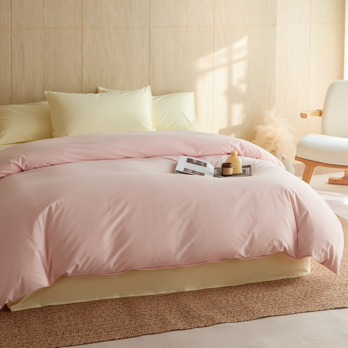 全棉高支旧感砂洗长绒棉拼色四件套纯色粉色床品套件被套床单枕套