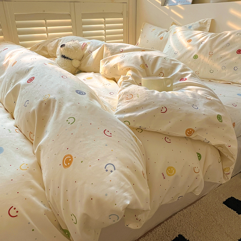 奶黄色笑脸卡通全棉四件套ins小清新纯棉女孩被套男床单床上用品