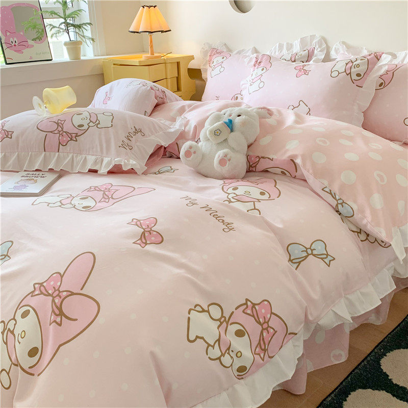 ins少女心全棉花边款美乐蒂四件套儿童卡通全棉公主风床裙1.5床品