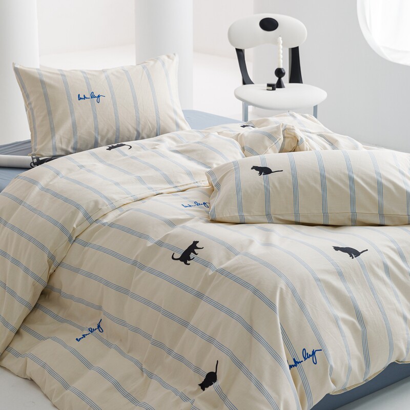 北欧简约风小清新纯棉四件套卡通小猫咪全棉宿舍1.8m床单床上用品