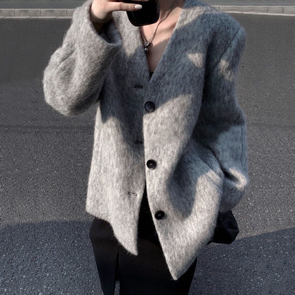 质感长毛呢V领短外套时尚纯色长袖韩版冬季新款通勤羊毛外套女装