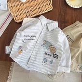 春季 2025新款 男女宝宝卡通翻领上衣中小童竖条纹衬衣 衬衫 儿童长袖