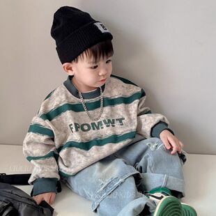 男童卫衣春秋2025新款洋气时髦上衣条纹宽松圆领衫宝宝薄款春装潮