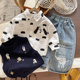 男童秋装套装2025新款洋气毛衣马甲三件套韩范休闲宝宝衬衫牛仔裤