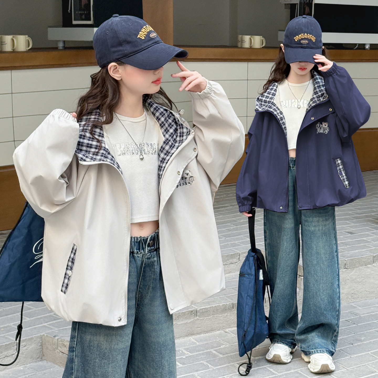 女童格子拼接连帽外套2026春季新款初中学生高中时髦宽松夹克上衣