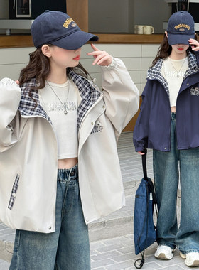 女童格子拼接连帽外套2026春季新