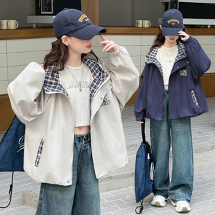 女童格子拼接连帽外套2026春季新款初中学生高中时髦宽松夹克上衣