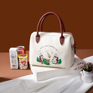 新款高颜值防水PU皮便当手提袋适合上班族学生党的便携保温饭盒包