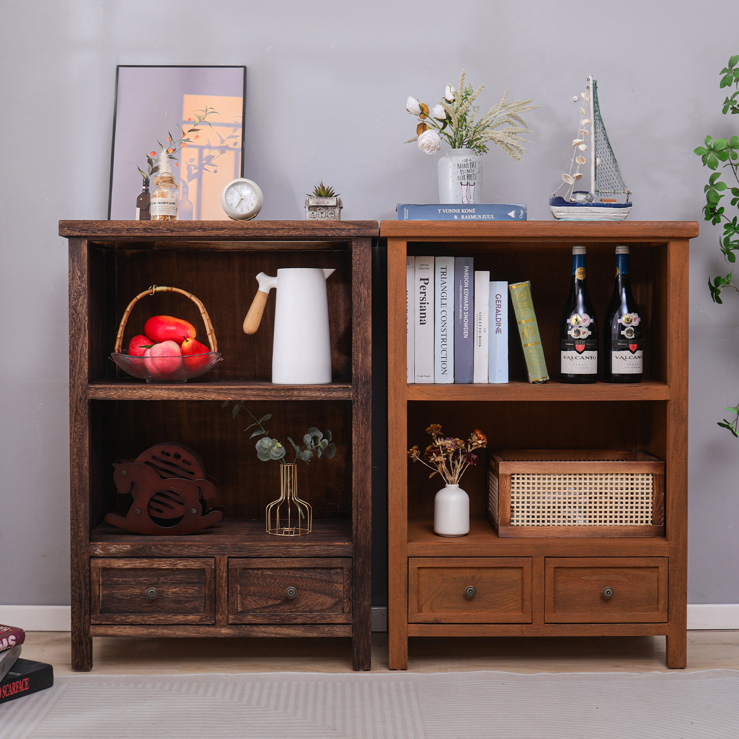 复古实木书柜储物柜组合矮柜落地书架家用餐边柜简约展示柜阳台柜