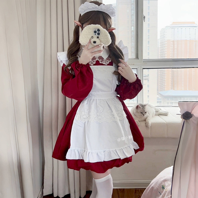 圣诞新年lolita裙红色长袖女仆裙