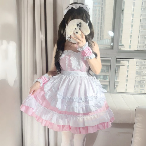 日系粉色女仆装cos甜美洛丽塔大码抹胸连衣裙二次元cosplay女佣装