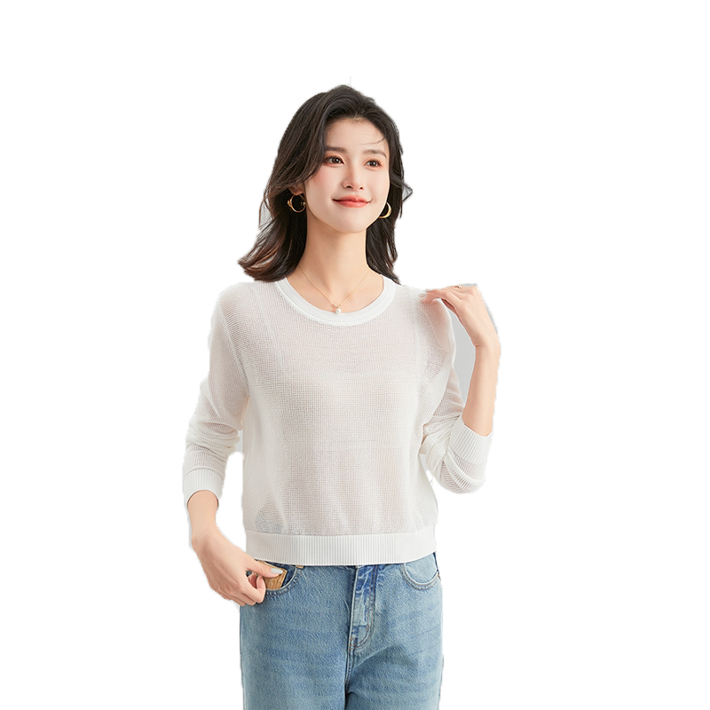 金菊含绵羊毛桑蚕丝毛衣春季新款圆领纯色上衣打底女式针织衫