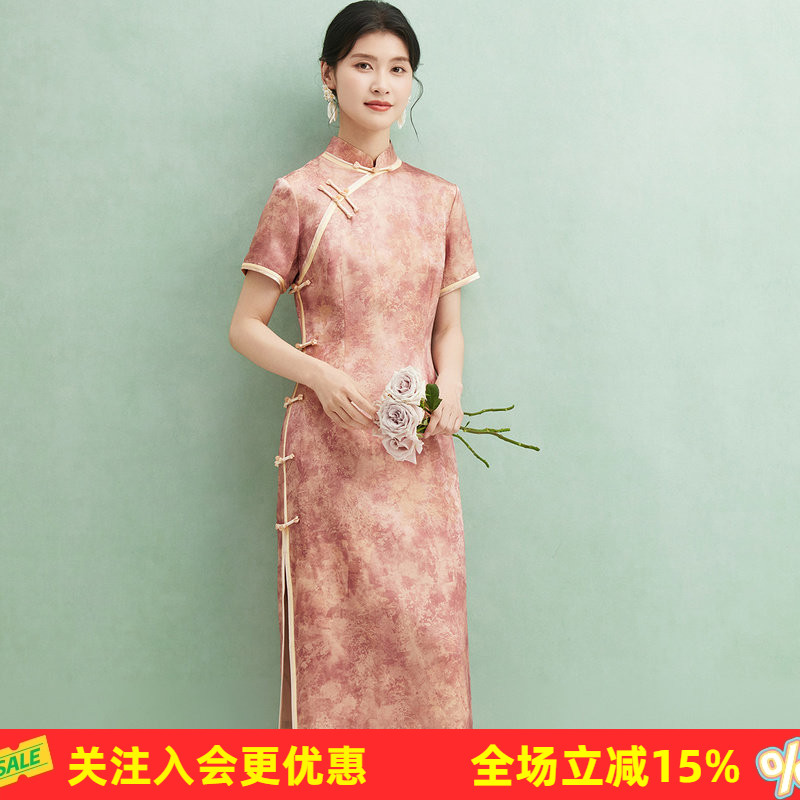 旗开得胜19姆米桑蚕丝旗袍优雅端庄气质中长款立领短袖女连衣裙