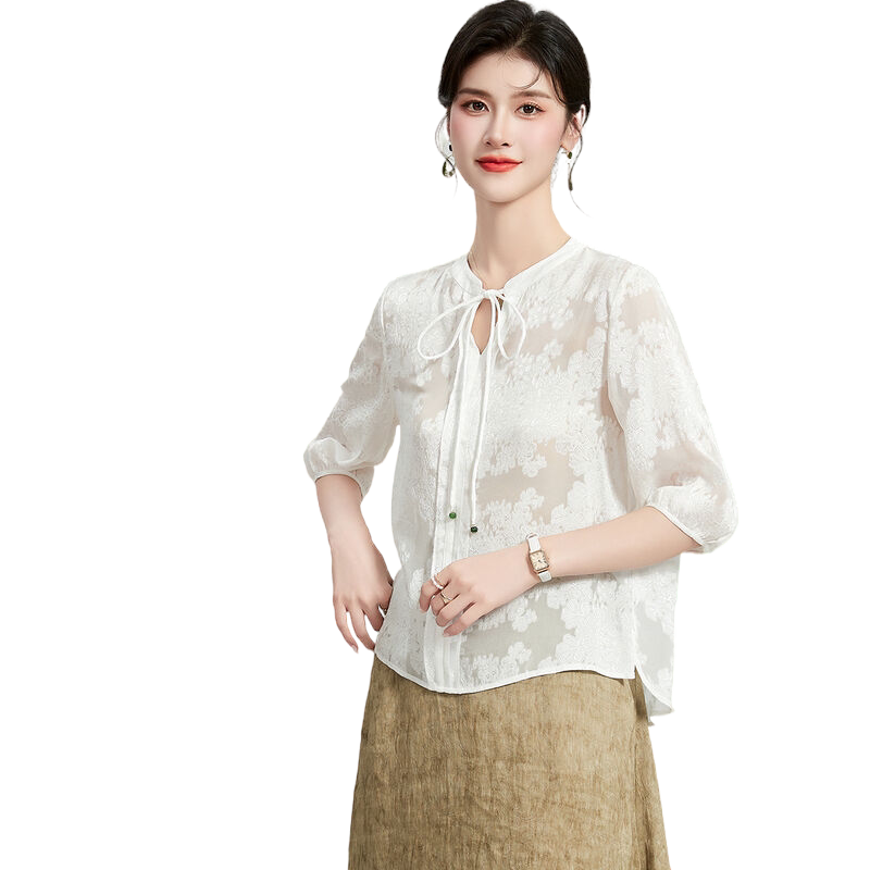 【剪花乔其】桑蚕丝上衣微透气质优雅夏季纯色圆领五分袖女式T恤