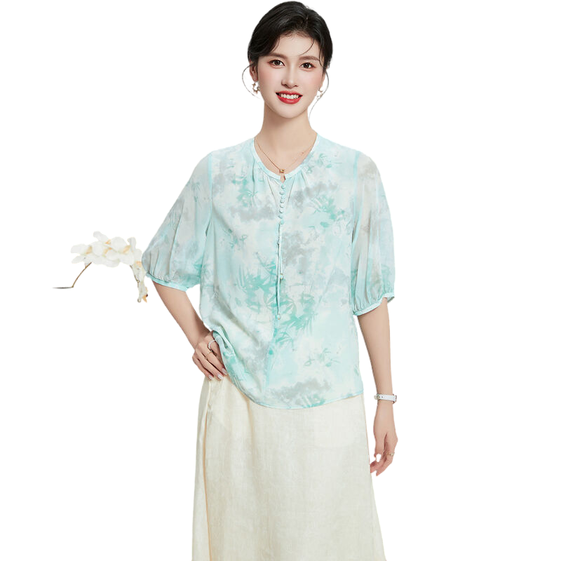 弹力双绉 桑蚕丝夏季圆领五分袖上衣舒适透气女式T恤通勤百搭